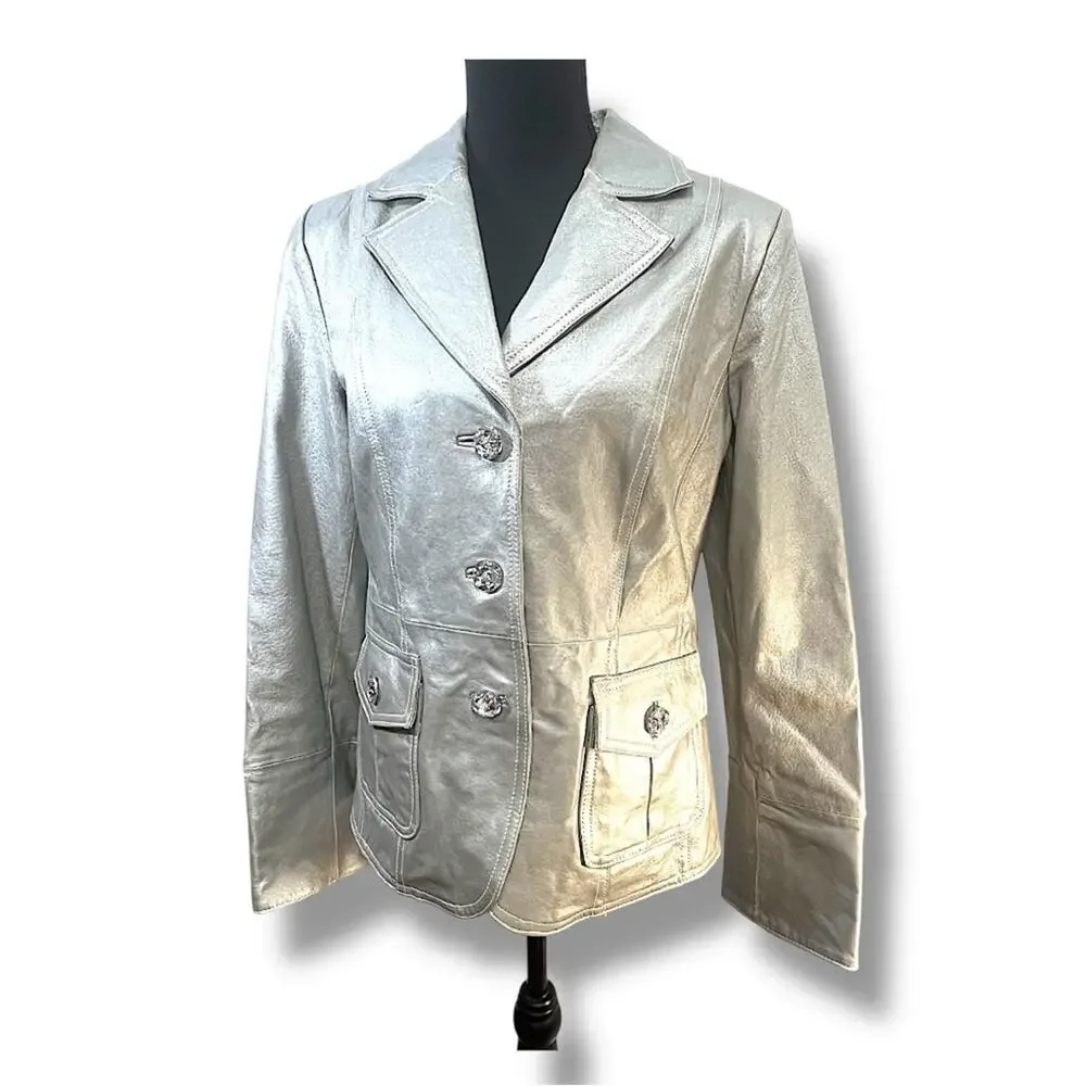 BRADLEY Elegant Silver Metallic Leather Oversize Rhinestone Buttons Jacket M